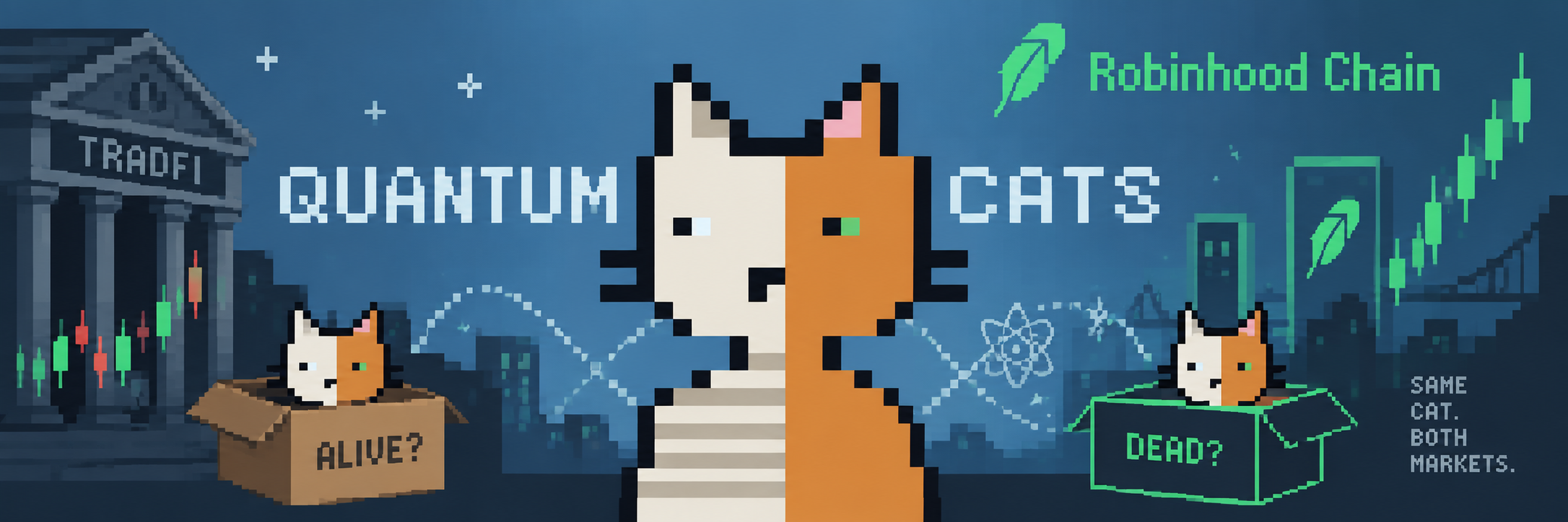 Quantum Cats pixel panorama: TradFi on the left, Robinhood Chain on the right, split cat in the center